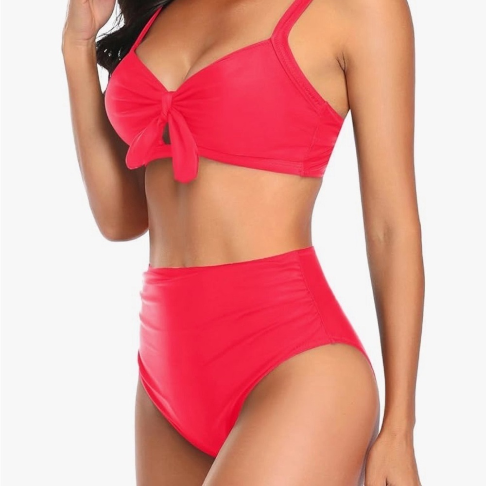 Red Twist Women's Swimwear Bikini☀️ 
🌴🌸 high waist full coverage Ruched⭐️